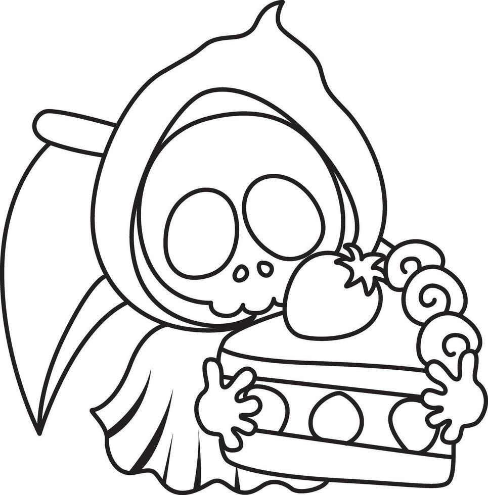 Outline of skull bring a strawberry cake. Coloring pages of cute skull. vector