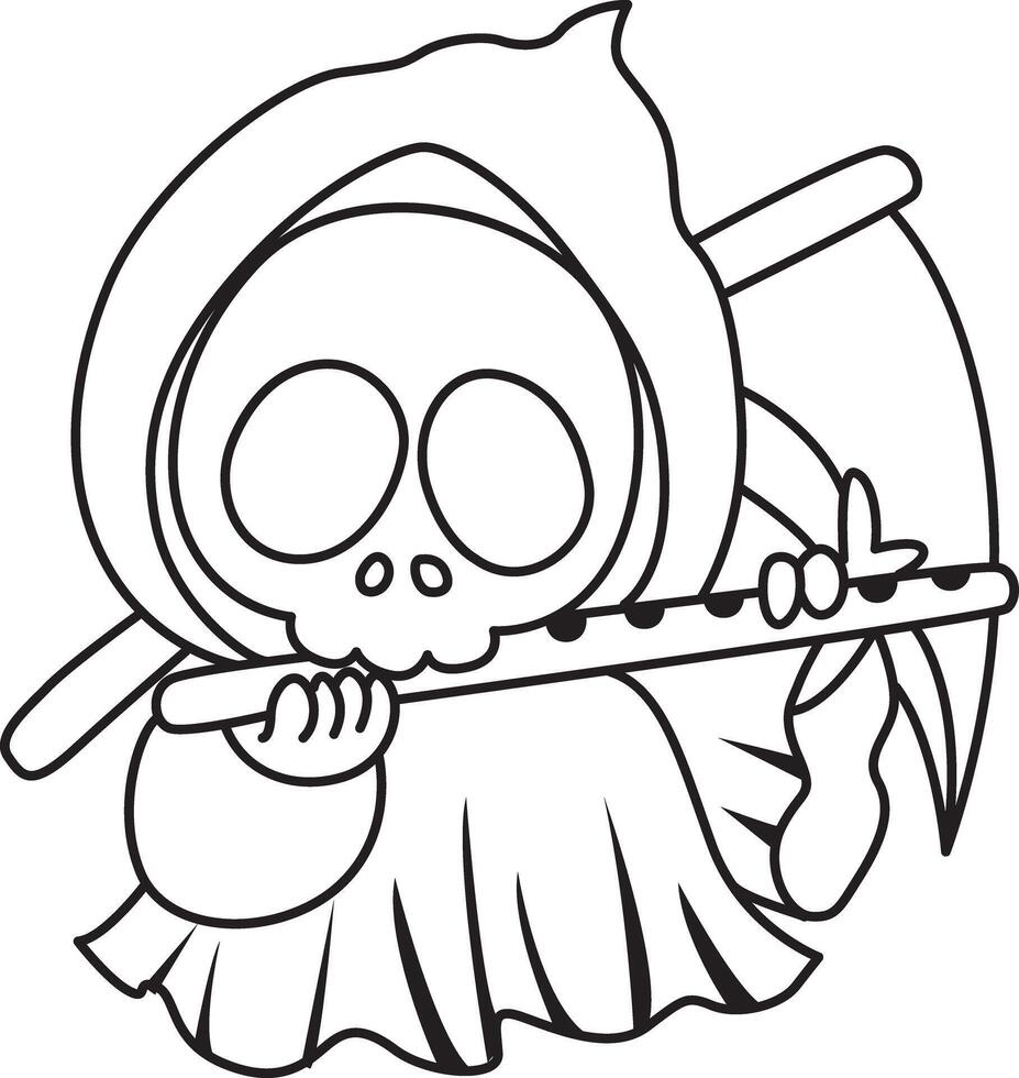 Outline of skull playing a flute. Coloring pages of cute skull. vector