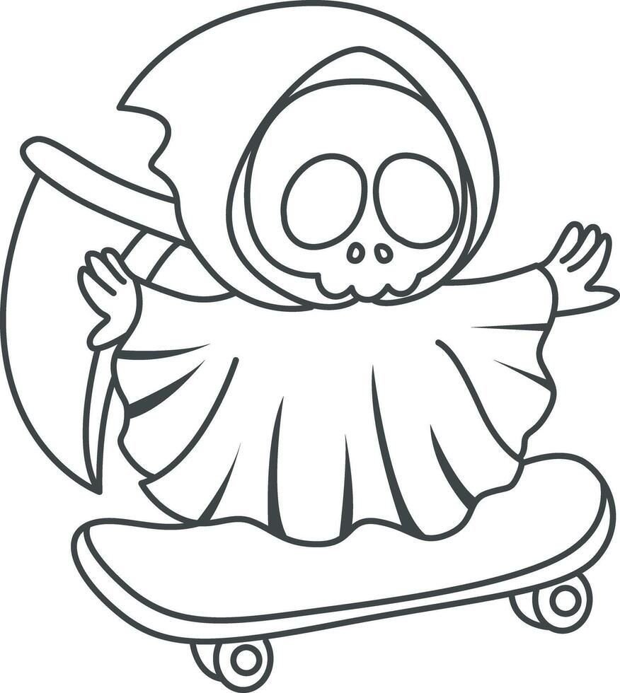 Outline of skull playing a skateboard. Coloring pages of cute skull. vector