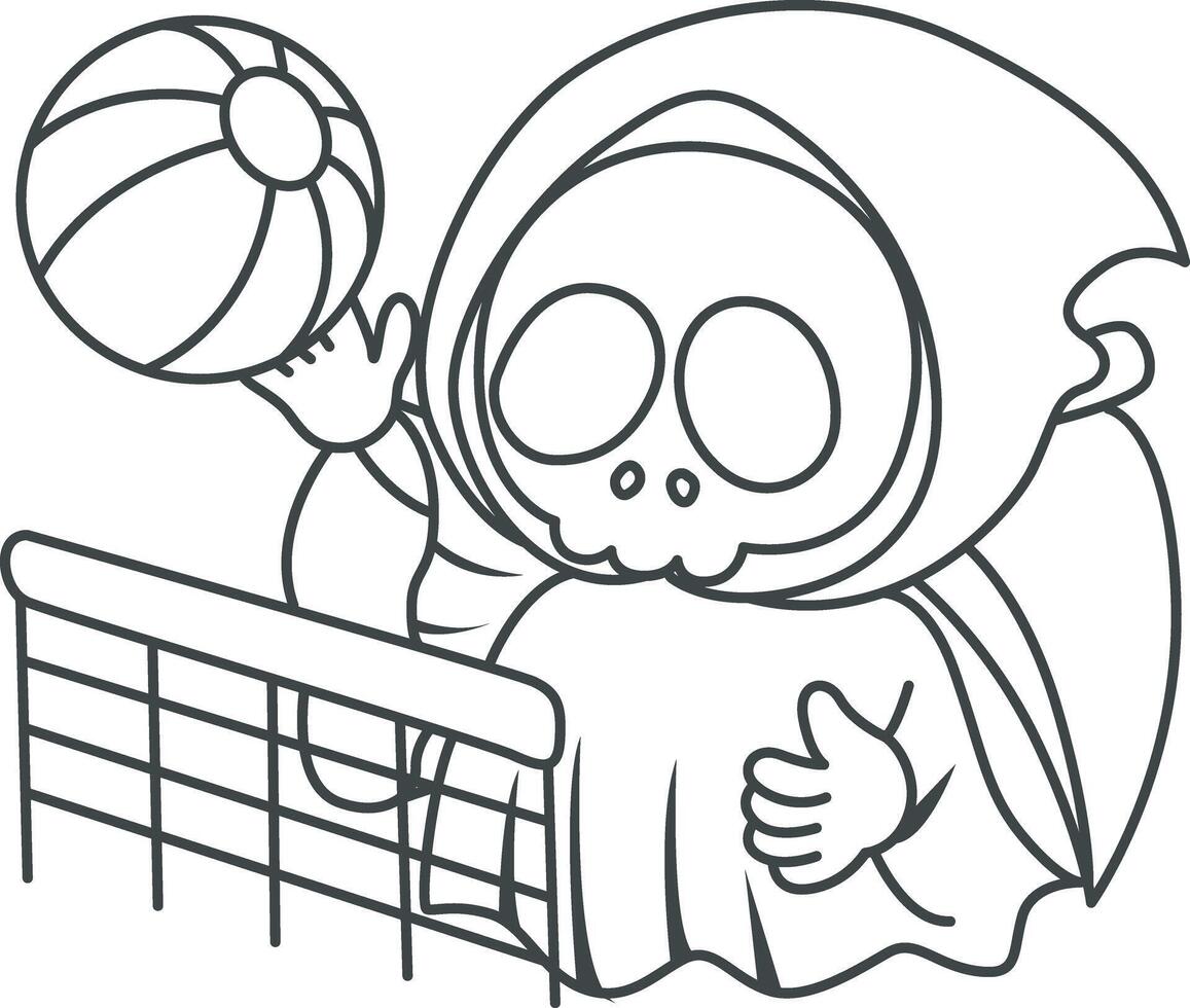 Outline of skull playing a volley ball. Coloring pages of cute skull. vector