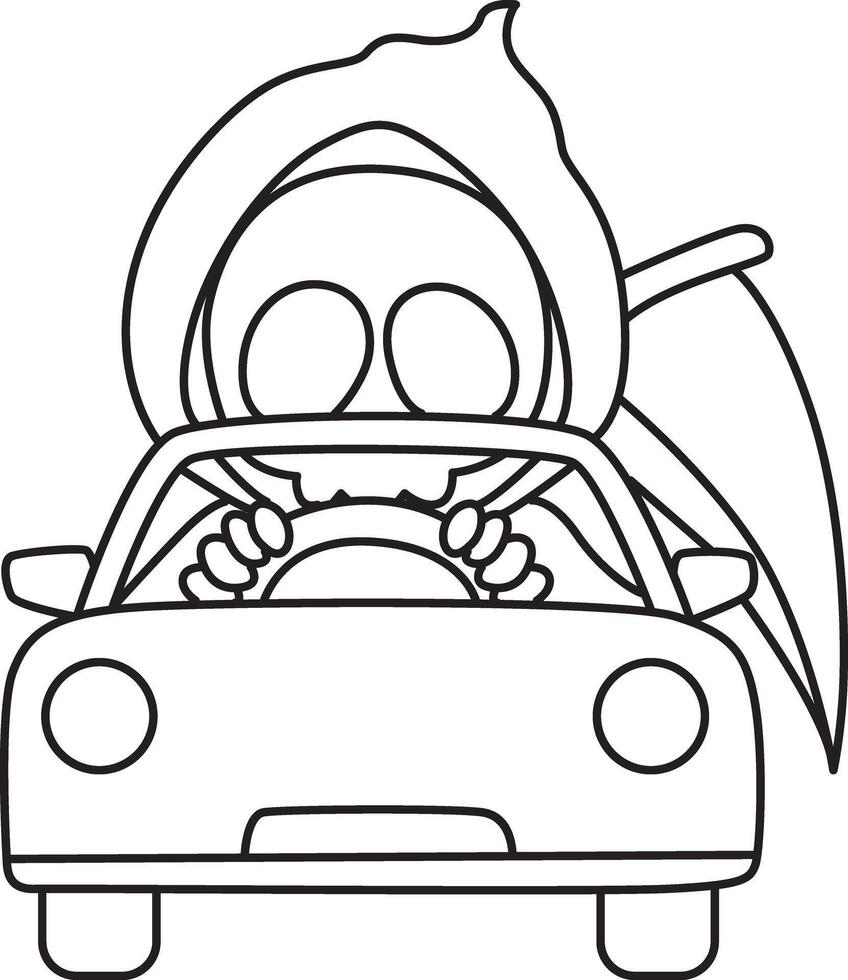 Outline of skull driving a car. Coloring pages of cute skull. vector