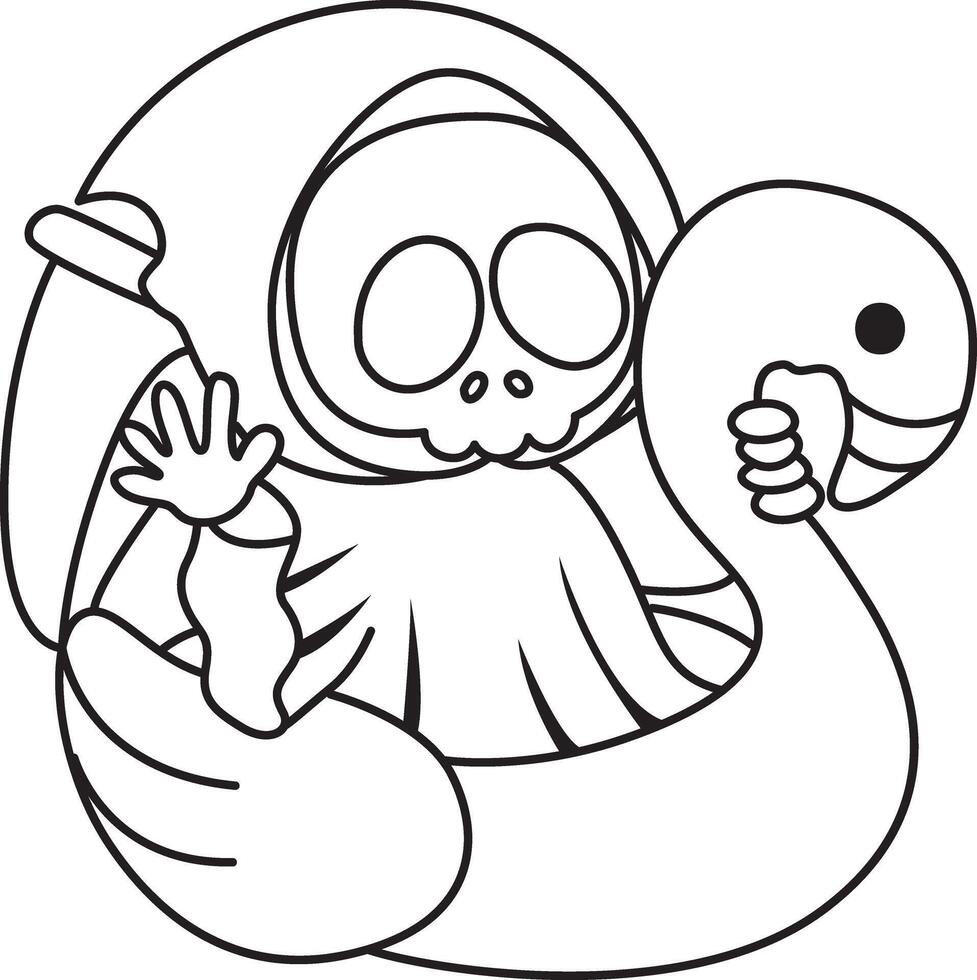 Outline of skull stuck in the flamingo tire. Coloring pages of cute skull. vector