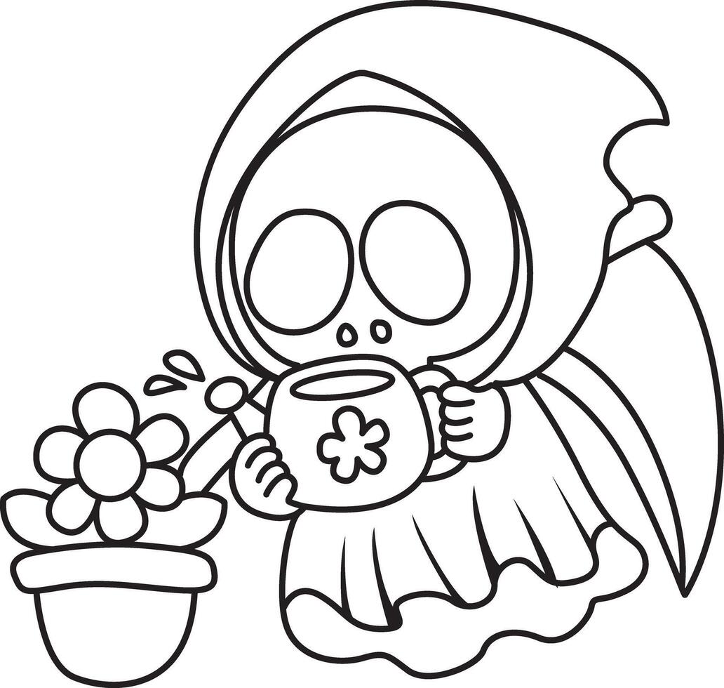 Outline of skull watering a tulip flower. Coloring pages of cute skull. vector