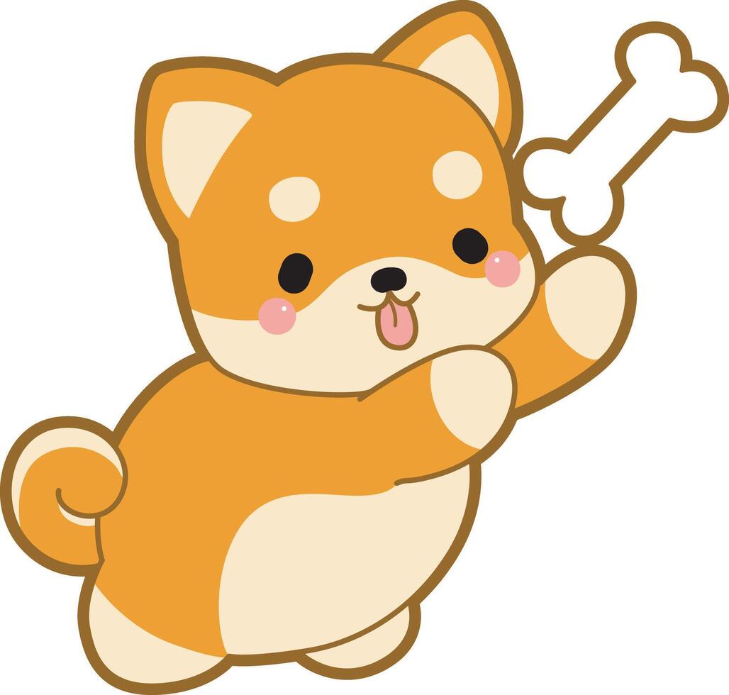 Shiba inu chase the bone. Fluffy Shiba Inu pet stickers. vector