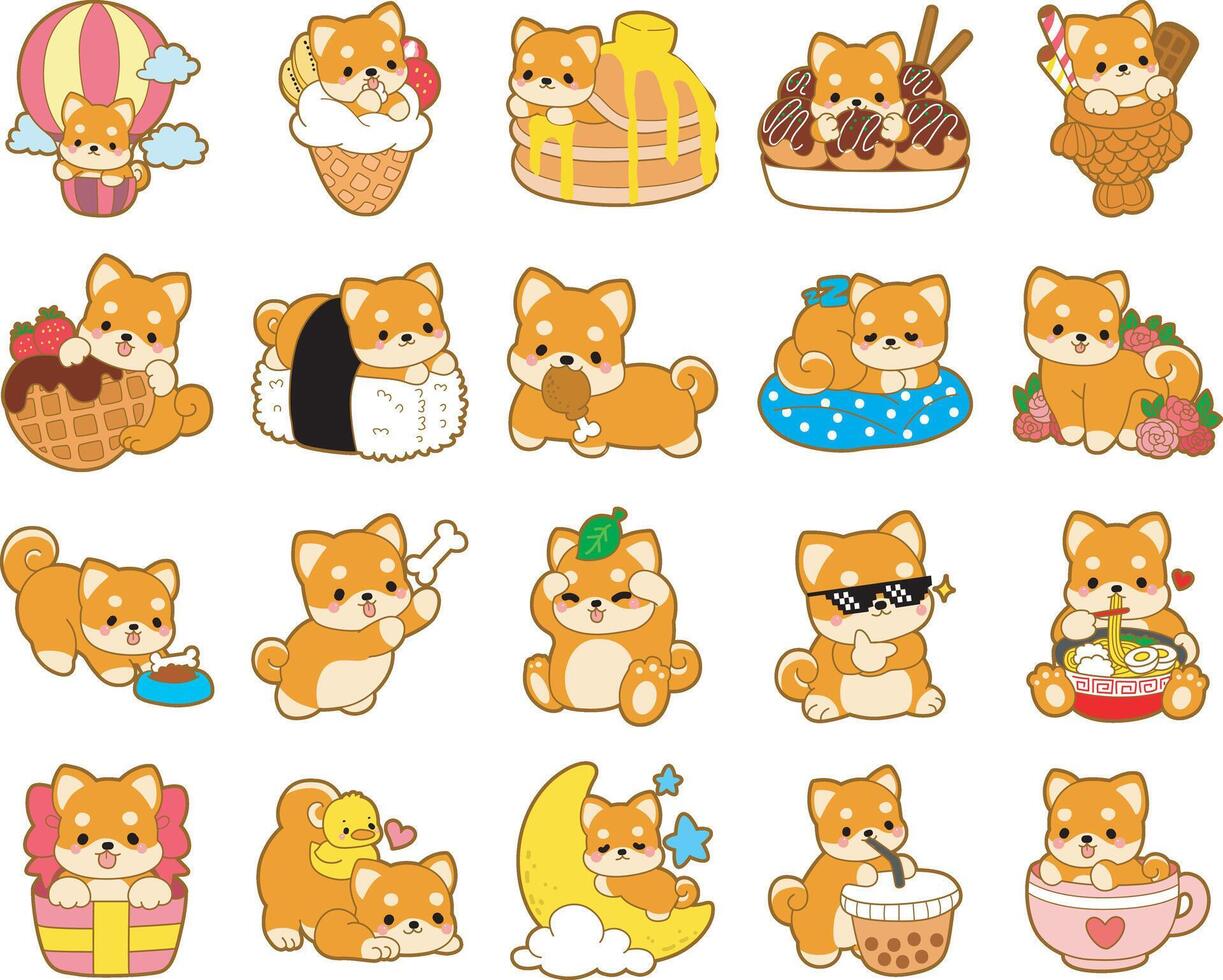 Shiba inu in the variation of dessert. Fluffy Shiba Inu pet stickers. vector