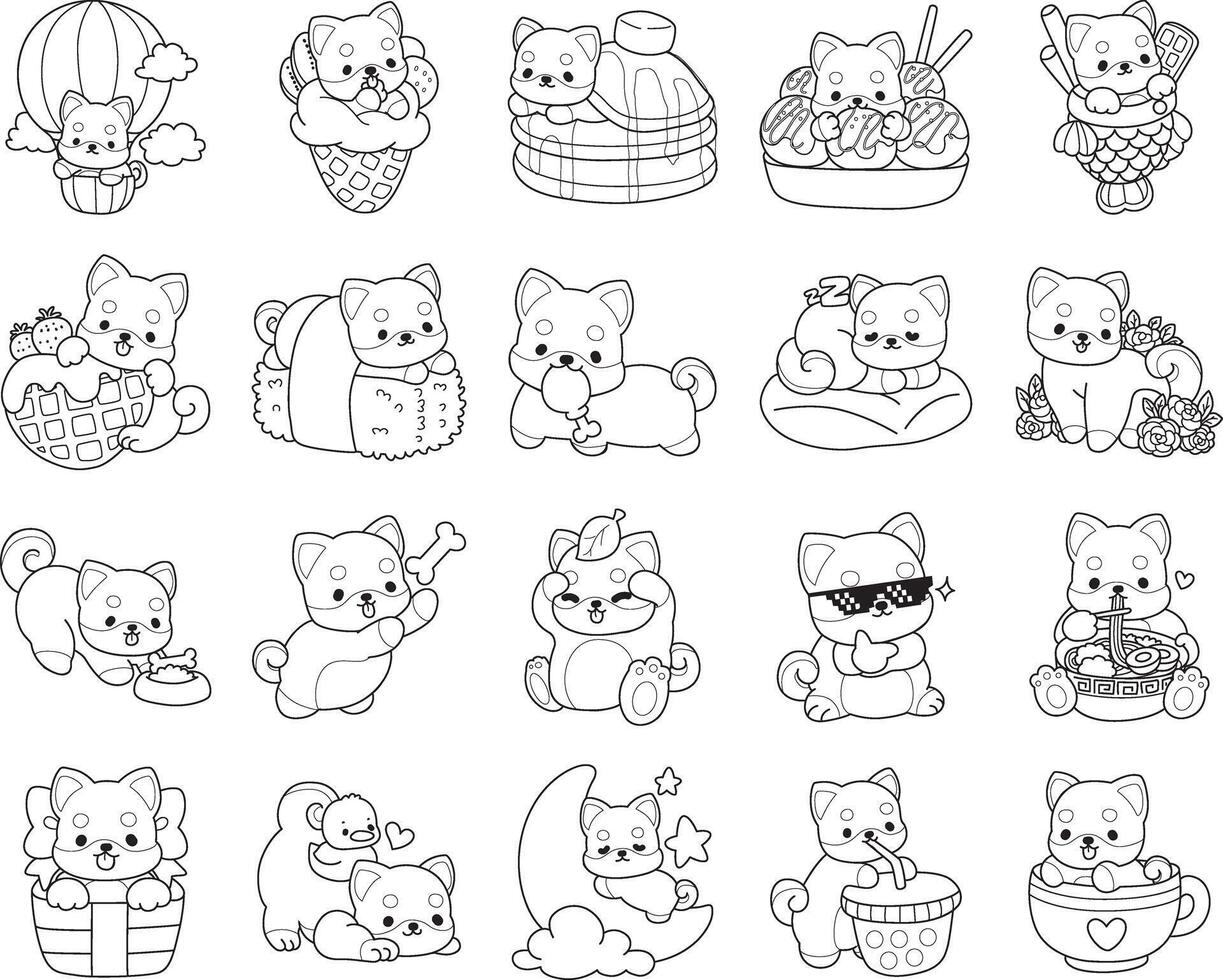 Outline of shiba inu in the variation of random activity daily life. Coloring pages of cute shiba inu. vector
