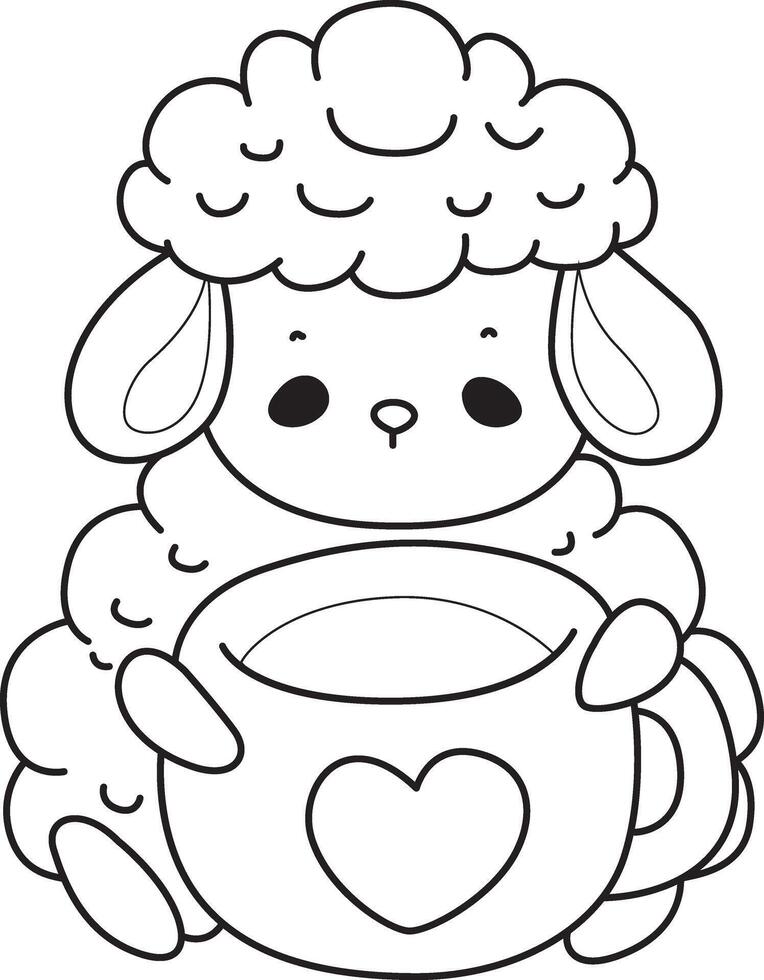 Outline of sheep enjoy with tea. Coloring pages of cute sheep. vector