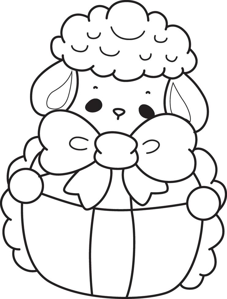Outline of sheep bring a gift box. Coloring pages of cute sheep. vector