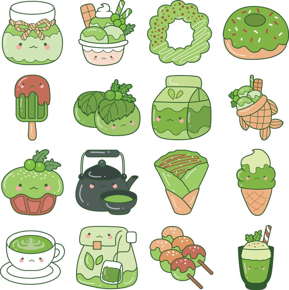 Green tea matcha in the variation of cake. Cute icon of Matcha. vector