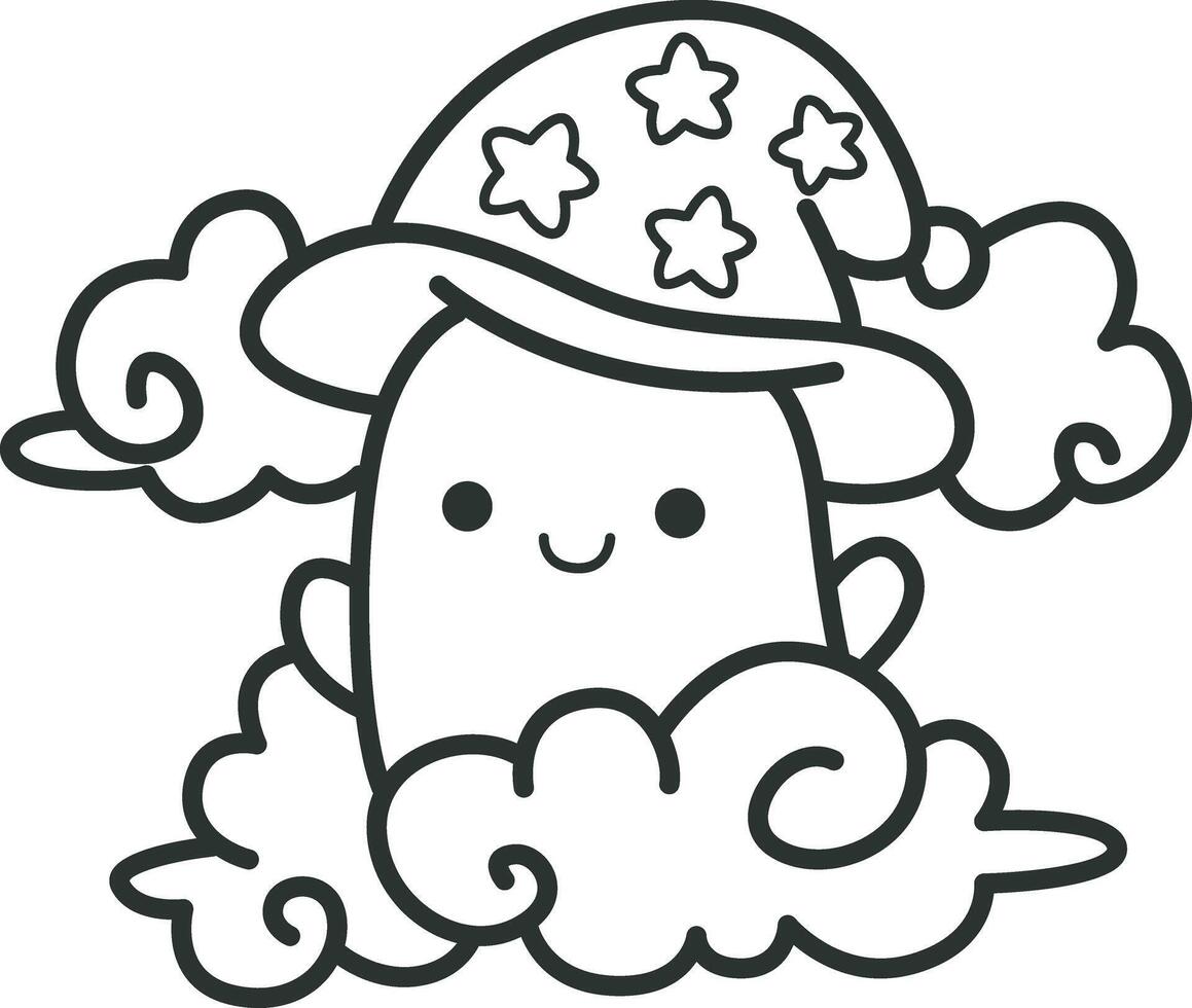White ghost flying in the clouds. Coloring pages of cute white ghost. vector