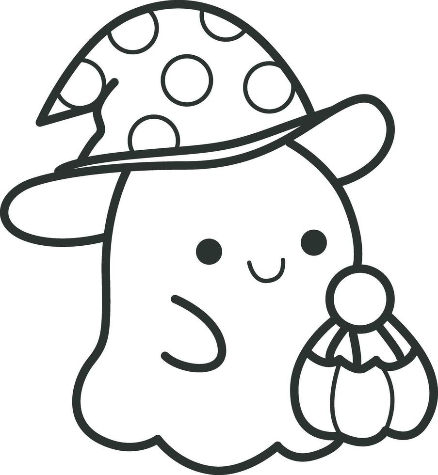 Outline of cute ghost bring a pumpkin bag. Coloring pages of cute white ghost. vector