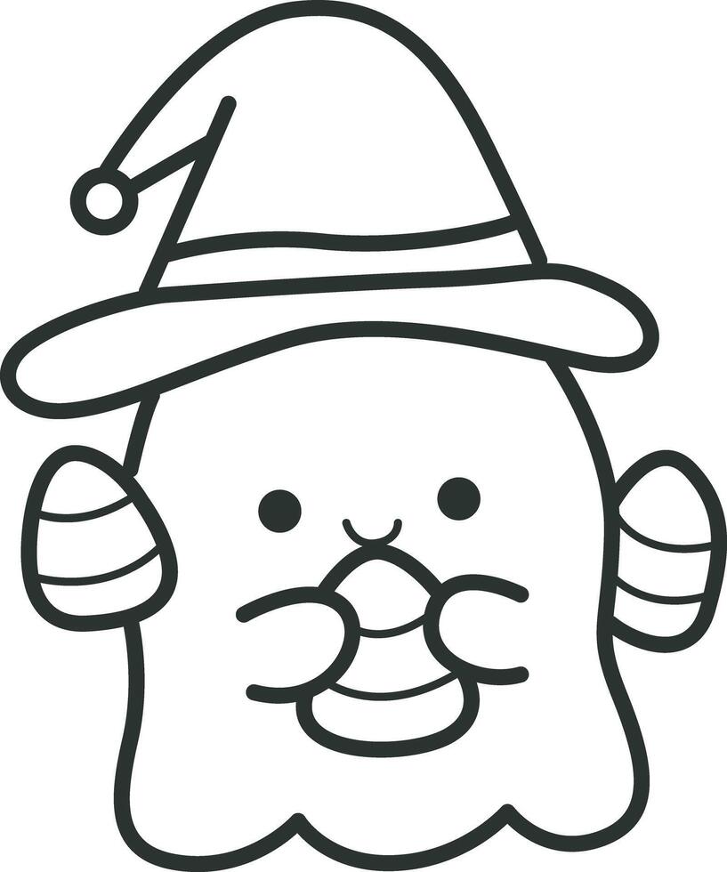 Outline of white ghost bring a yellow candy. Coloring pages of cute white ghost. vector