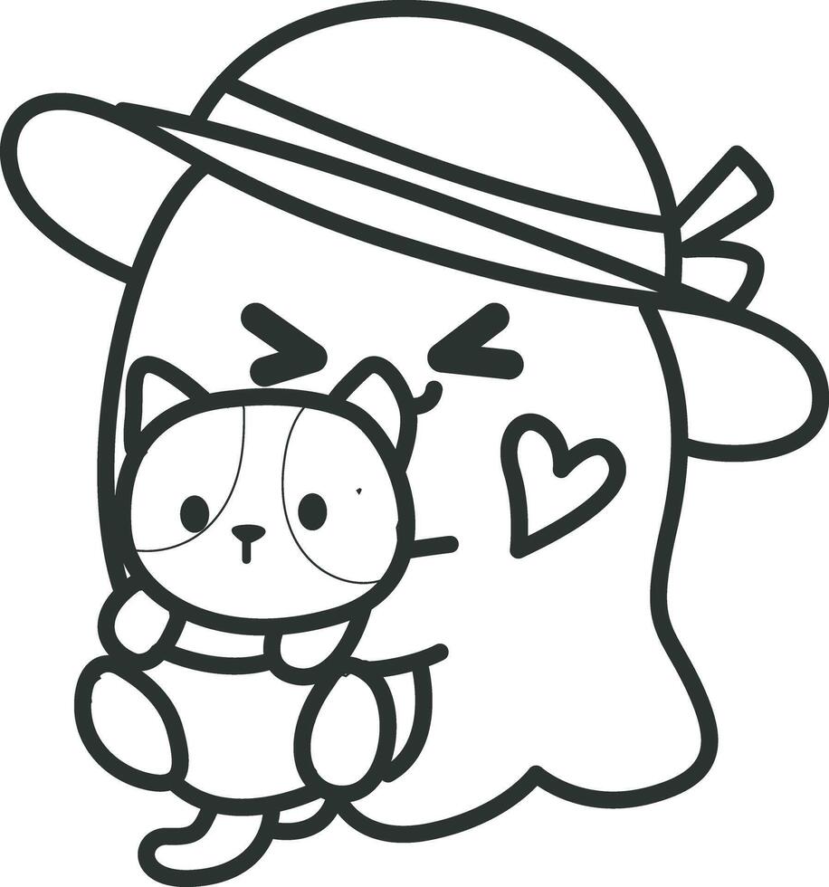 Outline of cute ghost bring a kitty. Coloring pages of cute white ghost. vector