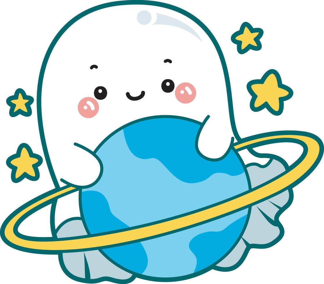 Cute ghost bring a planet. Illustration of cute white ghost. vector