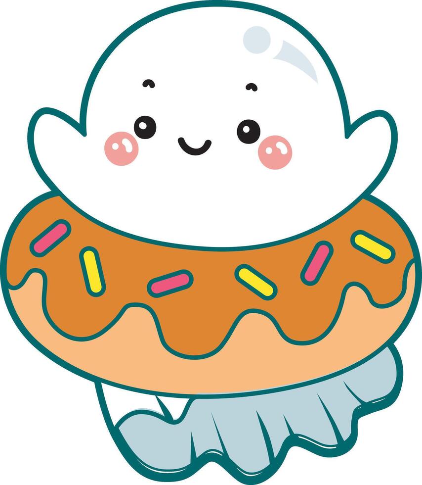 Cute ghost stuck in the doughnut. Illustration of cute white ghost. vector