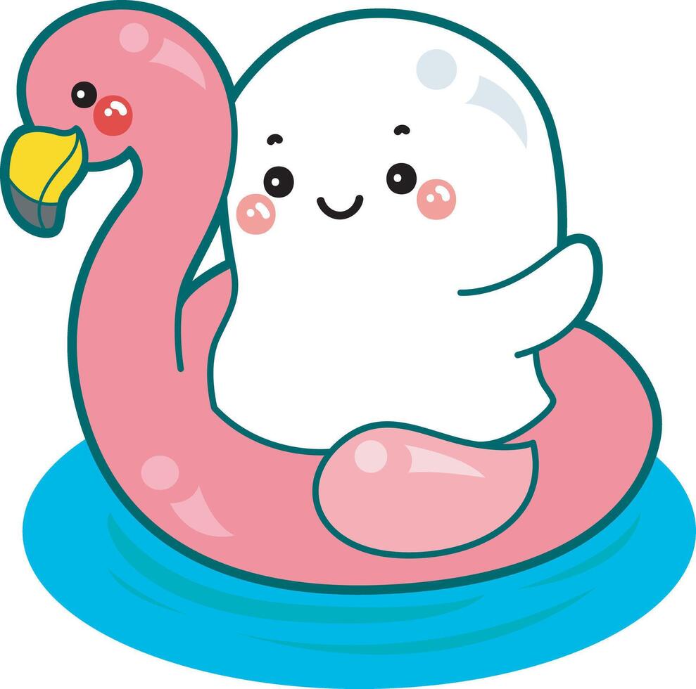 Cute ghost stuck in the flamingo tire. Illustration of cute white ghost. vector