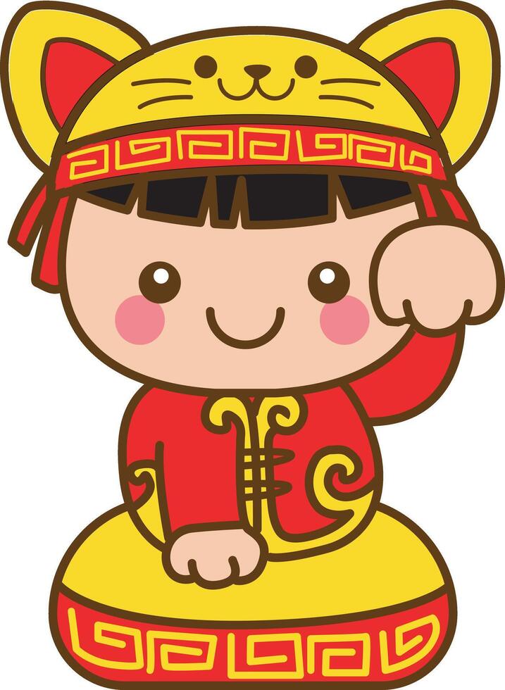 Chinese girl like a cat calling guest. Chinese year items for calendar. vector