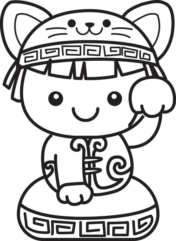 Outline of chinese year like a cat calling a guest. Coloring pages of Chinese year items for calendar. vector