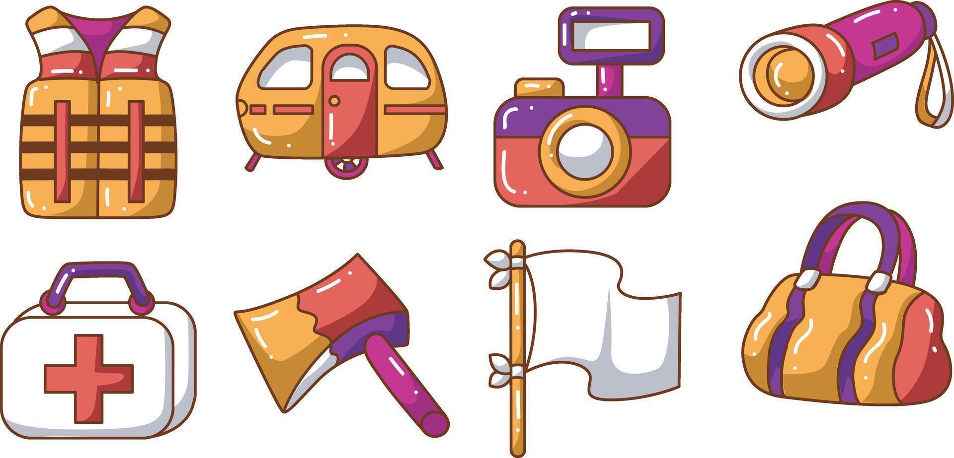 First aid kit and lifebuoy icon. Illustration of camping equipment. vector