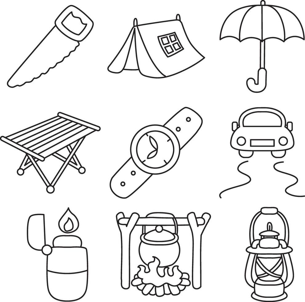 Saw and teapot icon. Outline of Illustration of camping equipment. vector