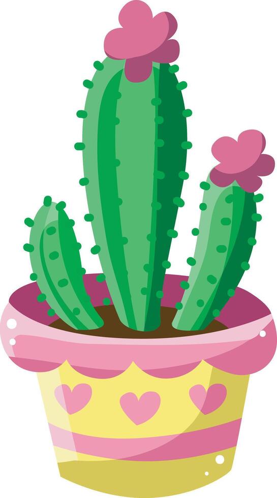 Cactus in the pink love and yellow pot. Colorful cactus in the pot. vector
