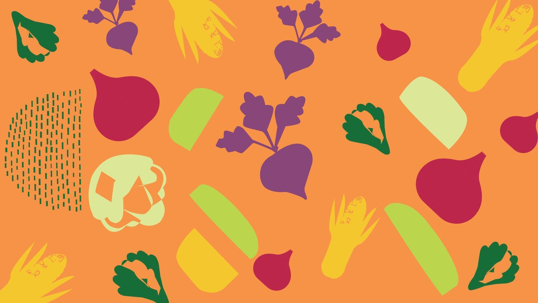 Root and leafy vegetables on orange background vector