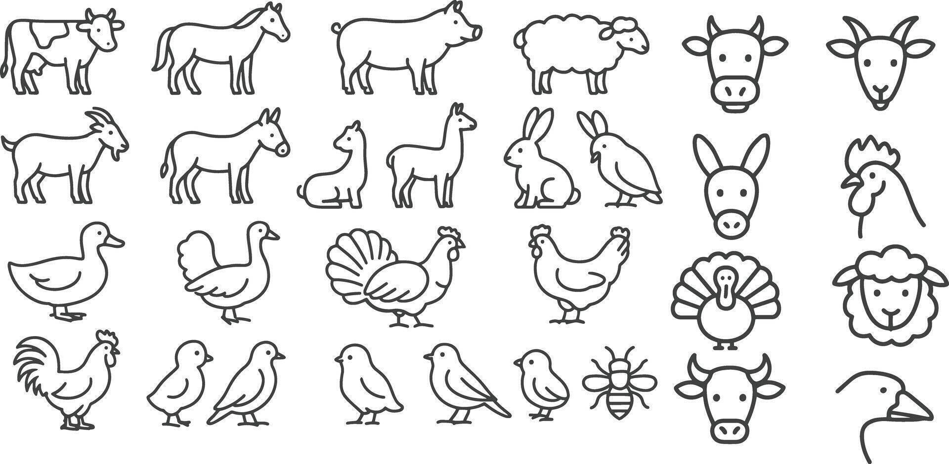 Farm animals and birds collection horse sheep vector