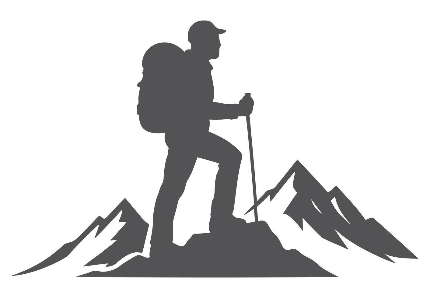 Hiker standing on mountain peak with backpack and pole vector