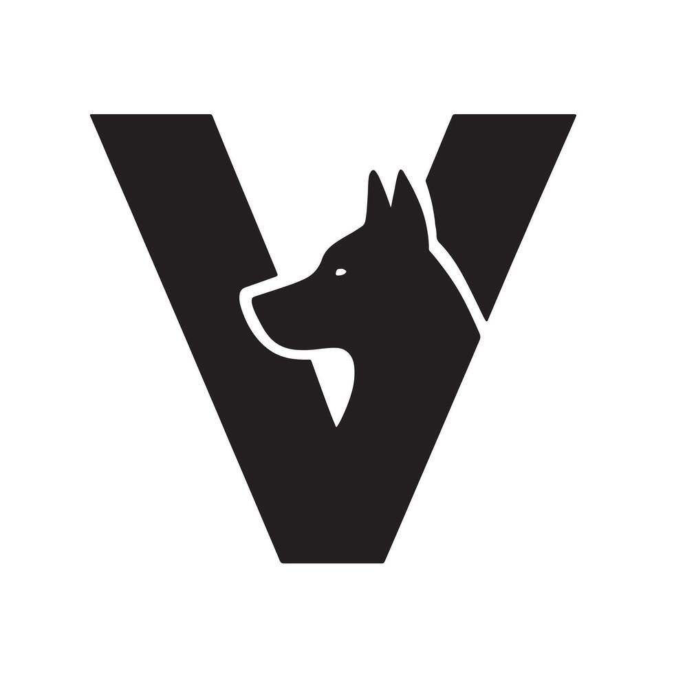 Black Dog Head Inside Letter V animal canine vector