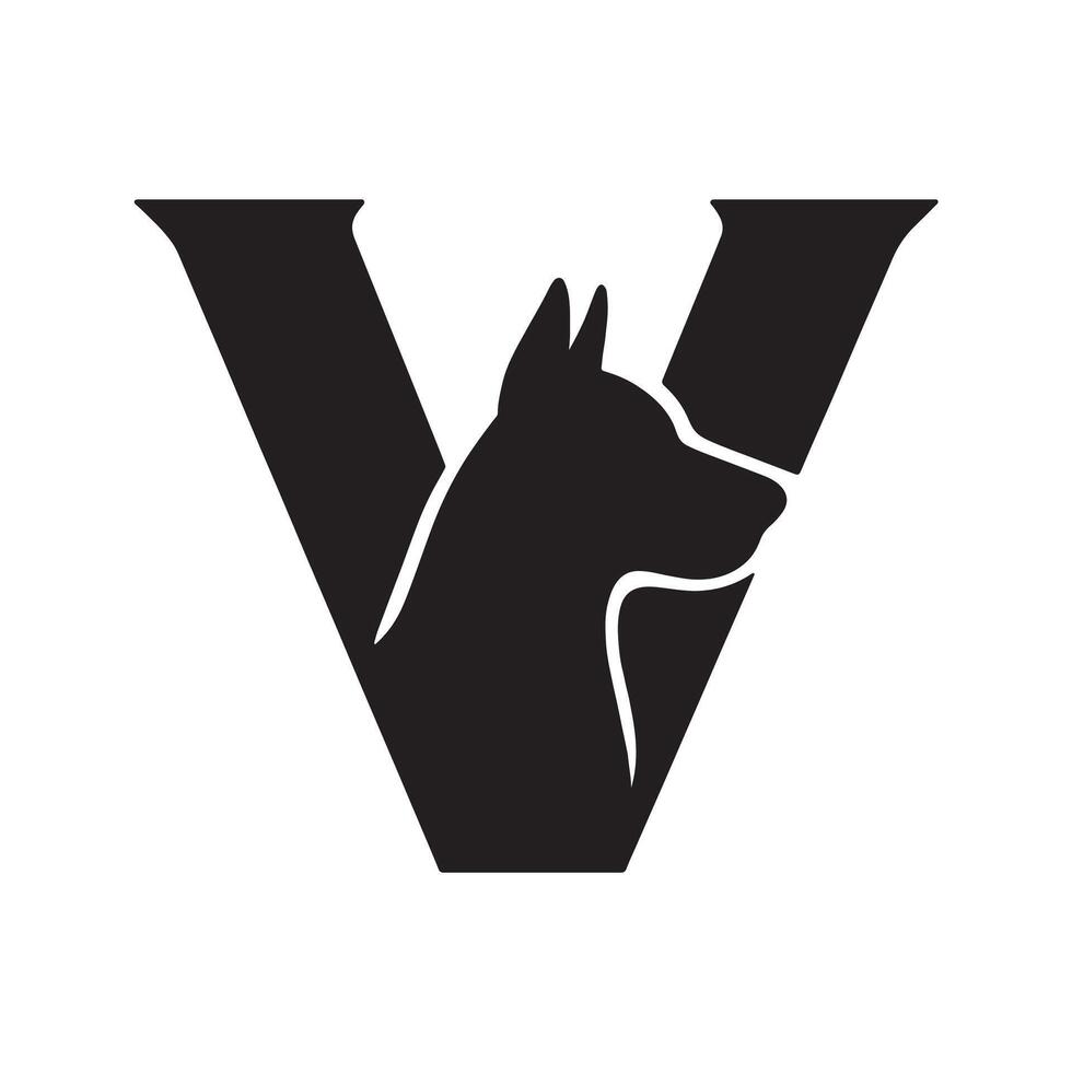 Black dog head inside letter V white animal vector