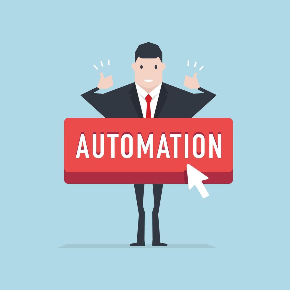 Businessman with automation button cartoon illustration. vector