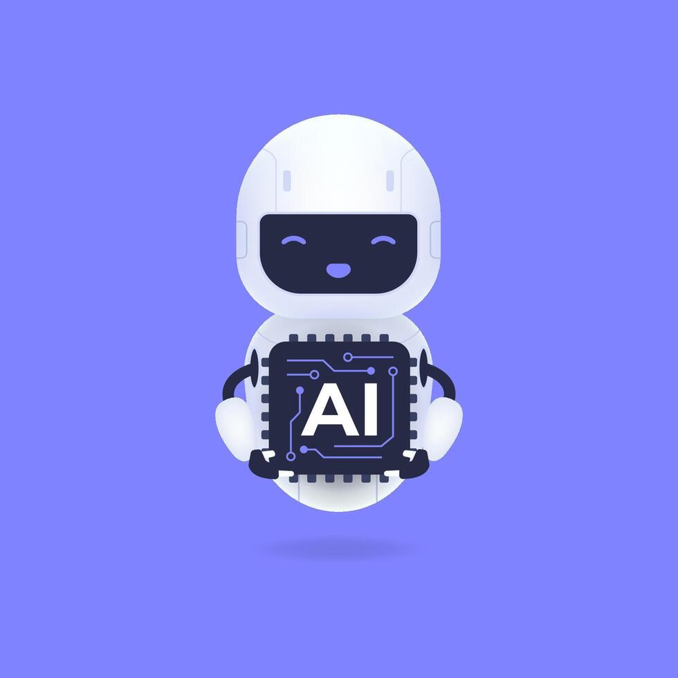 Friendly robot character holding an AI chip on a purple background. vector