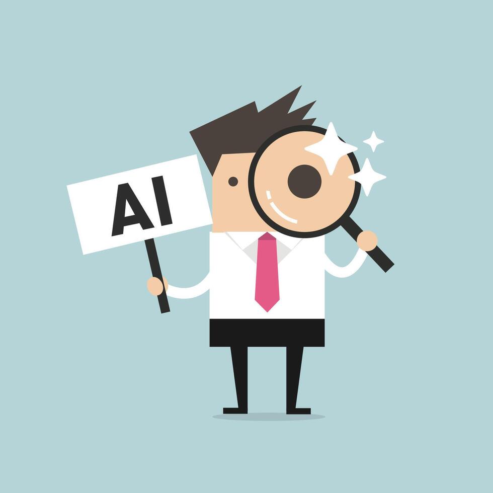Businessman holding a magnifying glass and a sign promoting artificial intelligence cartoon illustration. vector
