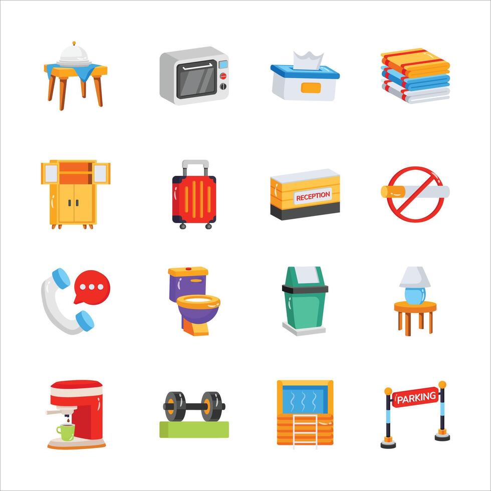 Get our latest bundle of hotel equipment 2d style icons vector