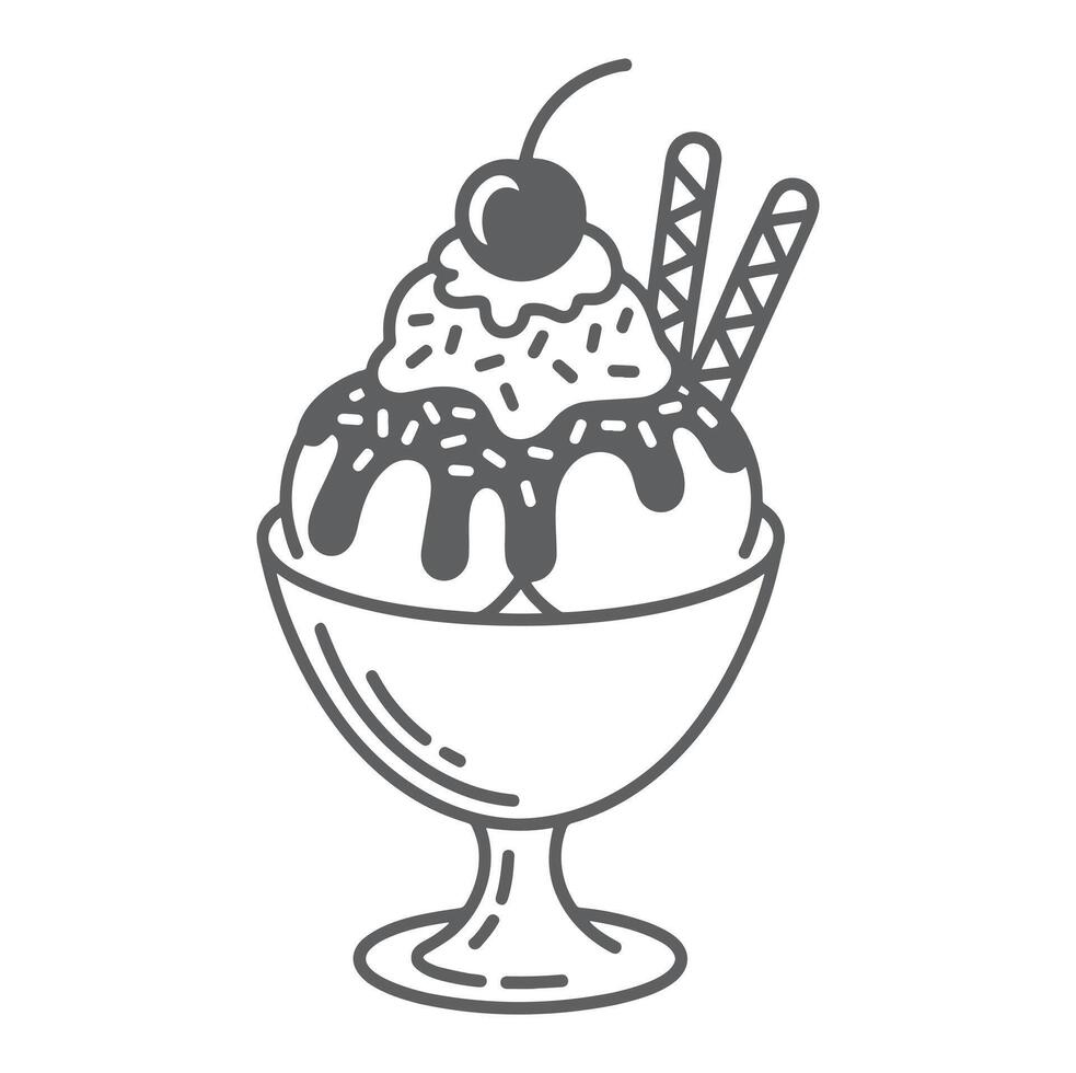 Gray Scale Ice Cream Sundae Dessert Cherry Wafer Bowl vector