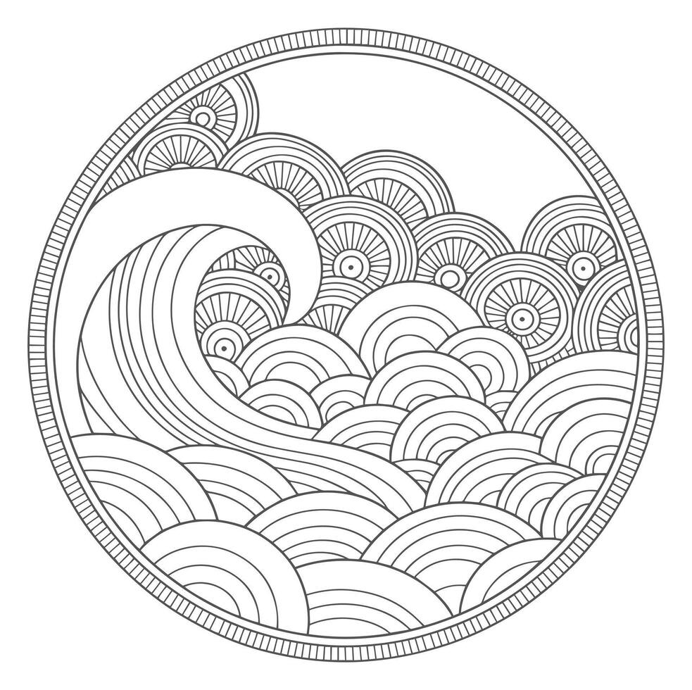 Gray Scale Circular Wave Pattern Mandala Design ocean vector