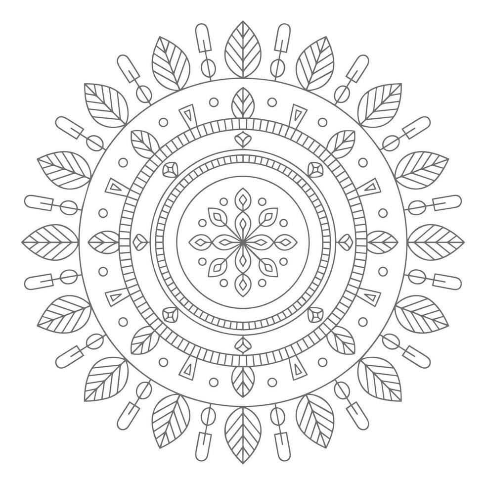 Grey Line Art Mandala Design Leaves Geometric Pattern Circle vector