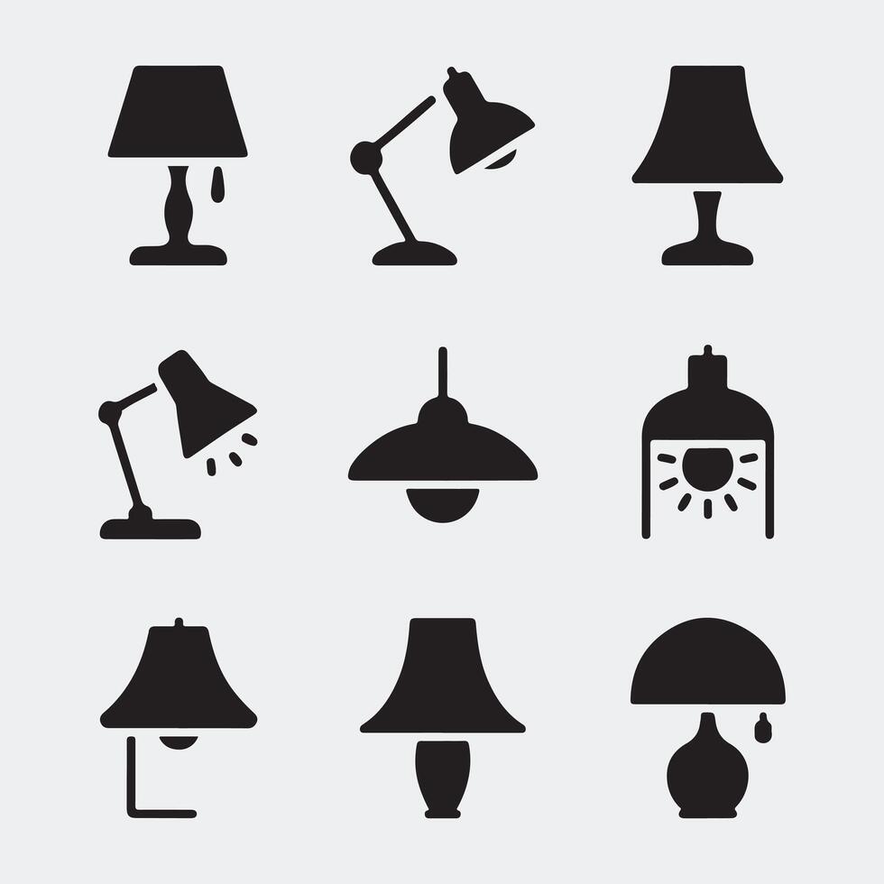 Assorted Black Lamp Icons for Interior, Lighting, and Home Decor vector