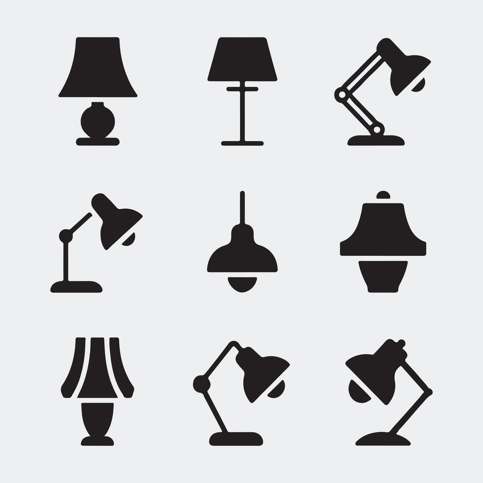 Collection of Bold Silhouette Icons of Table, Floor, and Desk Lamps vector
