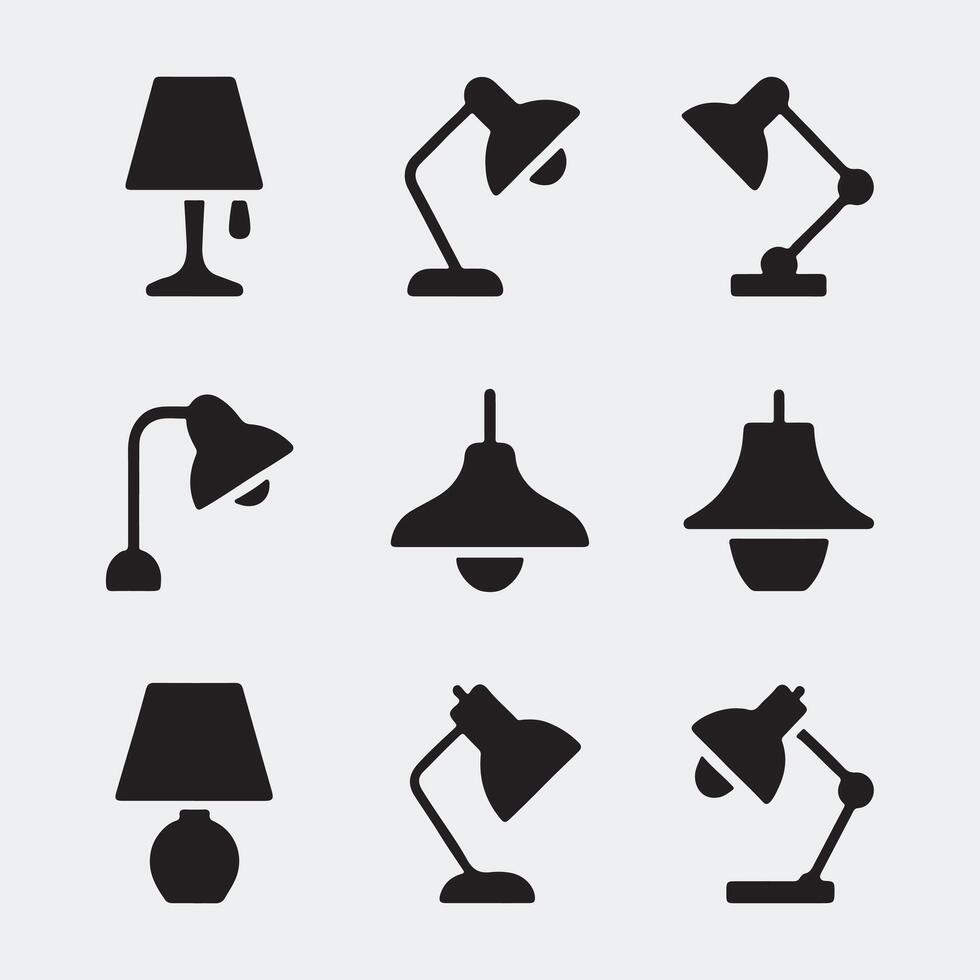 Set of Solid Black Icons Featuring Various Types of Lamps vector