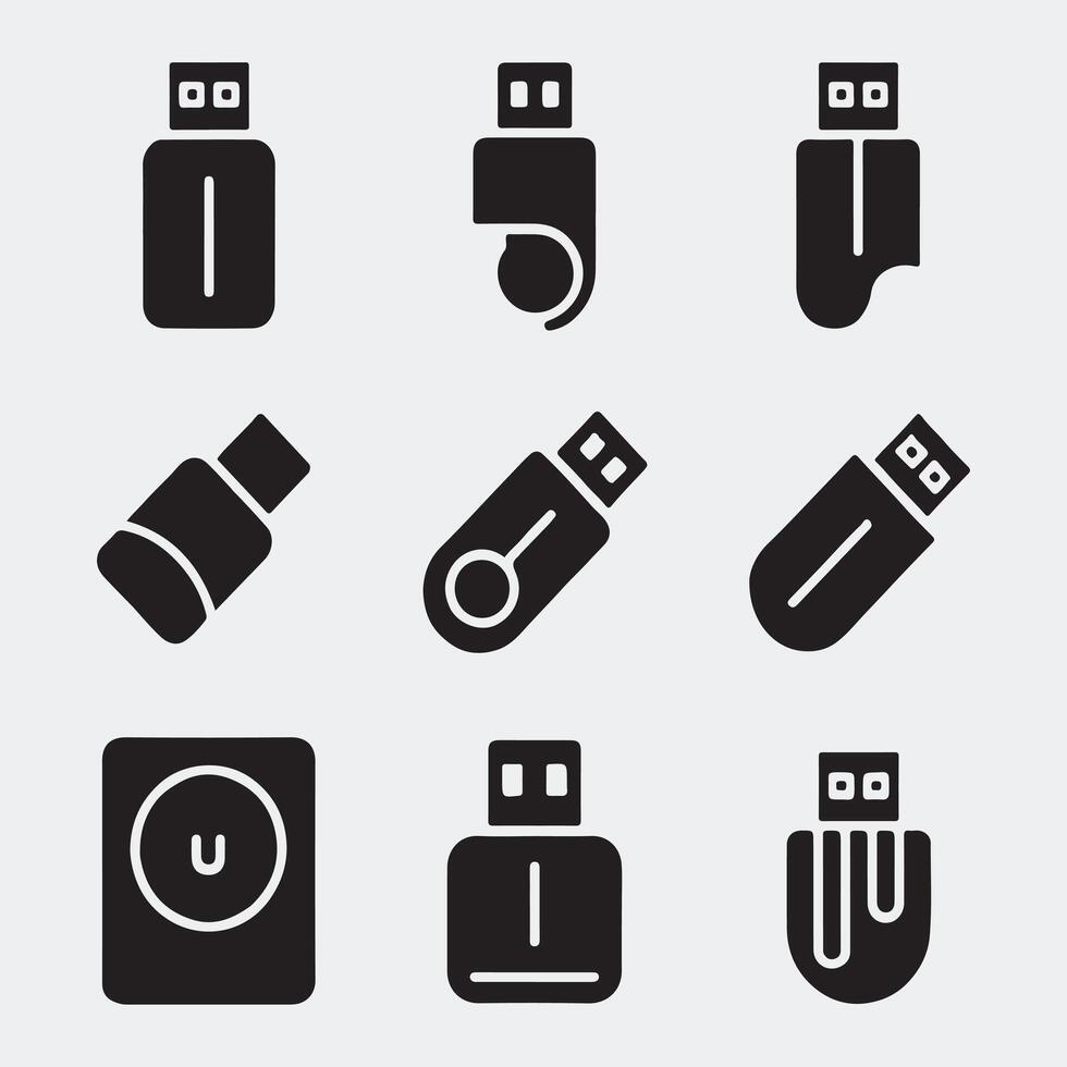 Collection of Solid Black USB Flash Drive Icons in Multiple Styles vector