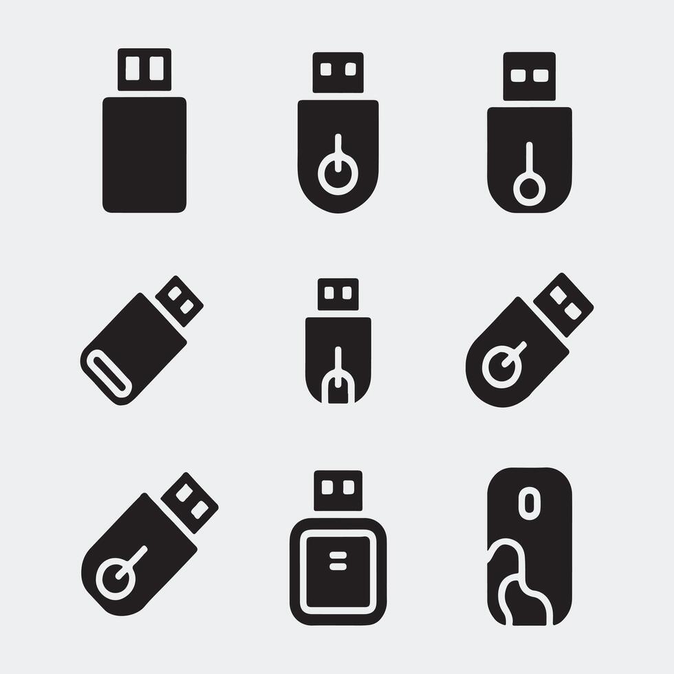 Bold Glyph Icons of USB Sticks and Flash Memory Devices vector