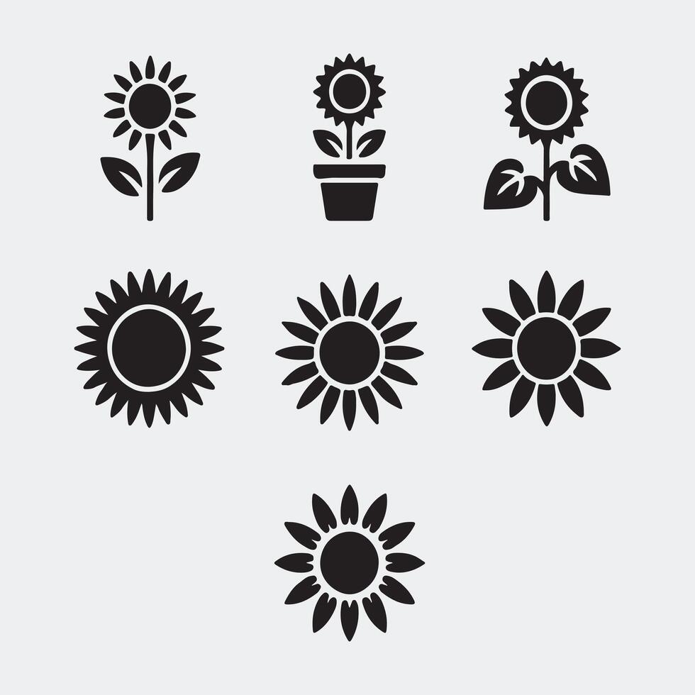 Set of Solid Black Sunflower Icons in Bold Silhouette Style vector