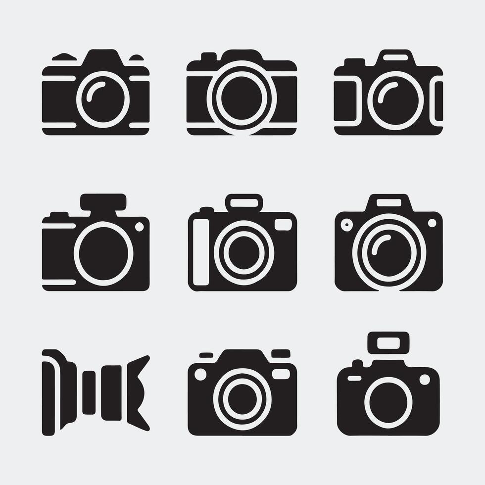 Minimalist Black Icons of Compact and DSLR Digital Cameras vector