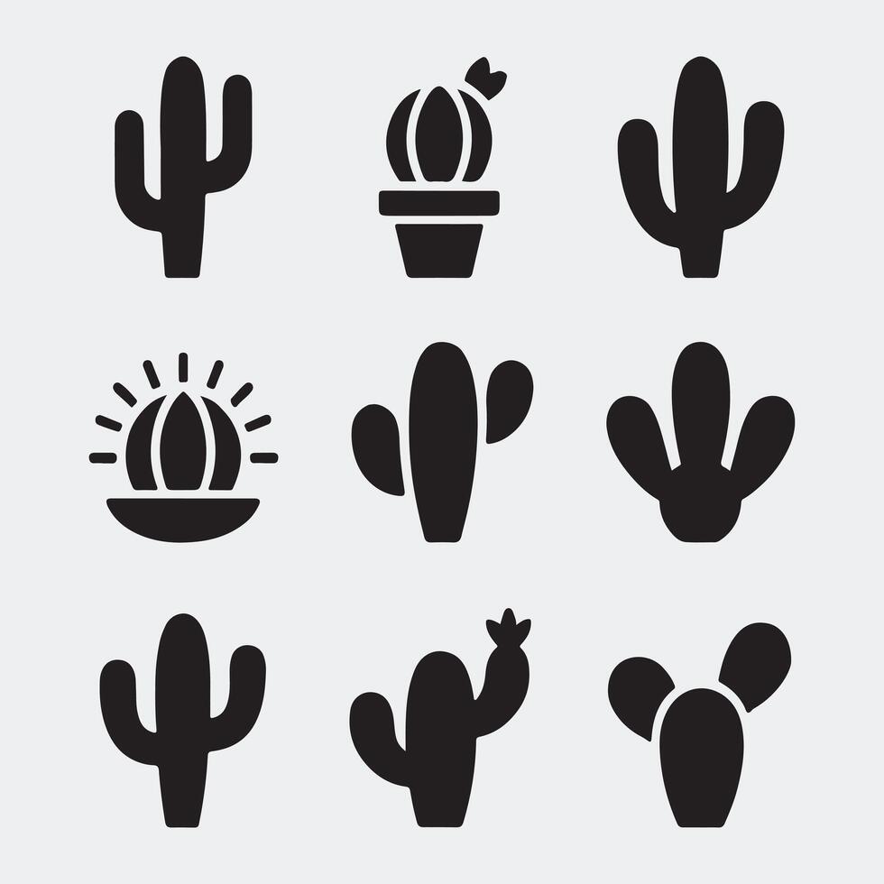 Assorted Black and White Cactus Icons in Modern Solid Style vector