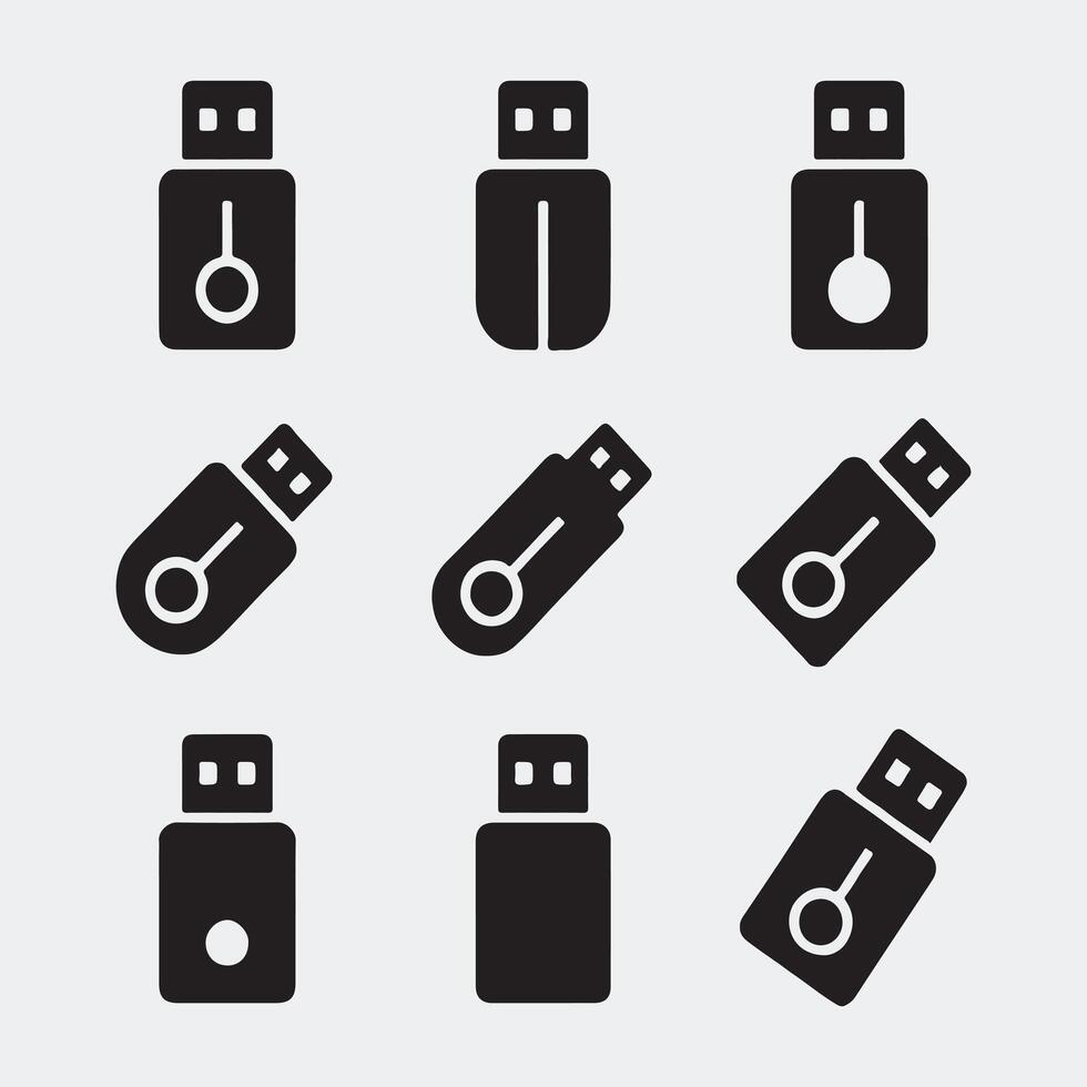 Minimalist Black USB Drive Silhouettes for Tech and Data Themes vector