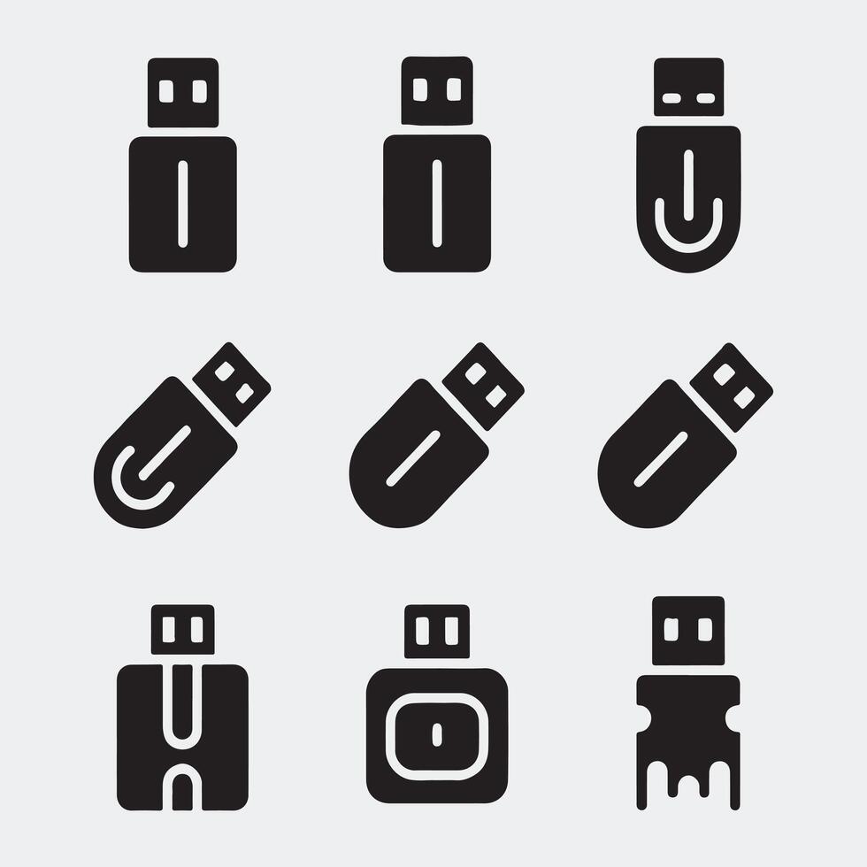 Set of USB Storage Icons in Clean Solid Black Design vector