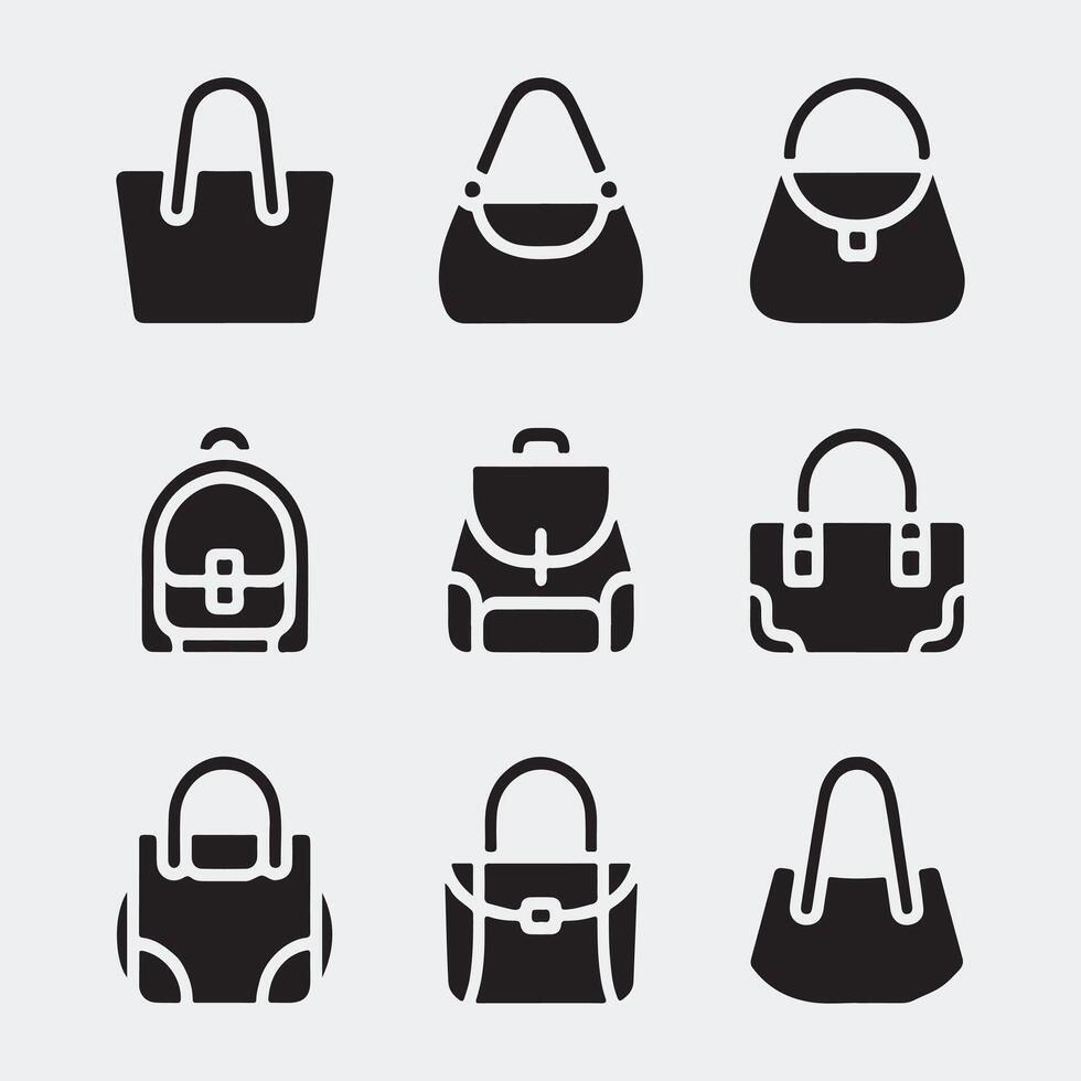 Set of Solid Black Icons Featuring Stylish Womens Handbags and Backpacks vector