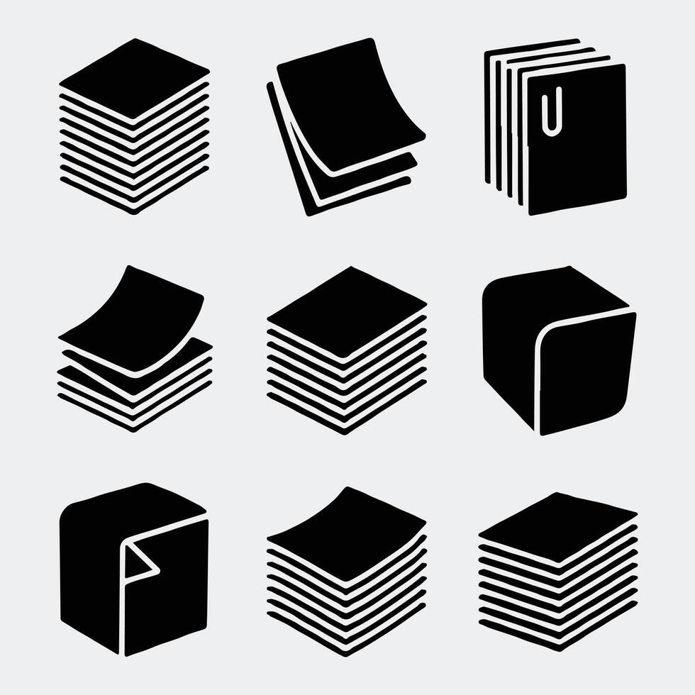 Bold Silhouette Icons of Paper Stacks with Different Arrangements vector