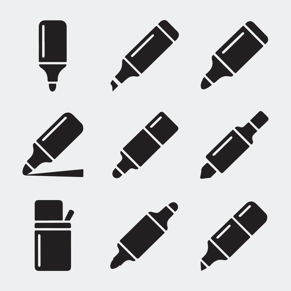 Set of Solid Black Icons Featuring Various Marker Pen Designs vector